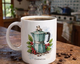 Personalized Moka Pot Mug, Coqui Coffee Cup, Custom Name Coffee Lover Gift