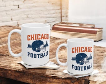 Chicago Football Mug, Vintage Helmet & Skyline, Fan Gift