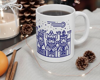 Three Kings Ceramic Mug,  Blue Nativity Magi Coffee Cup, 11oz or 15oz, Reyes Magos Inspired Mug