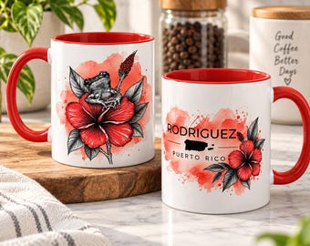Personalized Puerto Rico Mug, Coquí Hibiscus Coffee Cup, Custom Last Name Gift