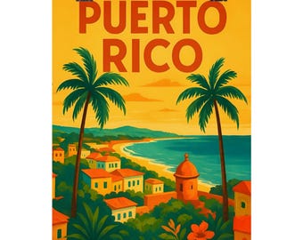 Vintage Puerto Rico Poster,  Retro Travel Wall Art, 16x20 & 8x10, Tropical Island Decor, Palm Tree Print, Puerto Rican Gift