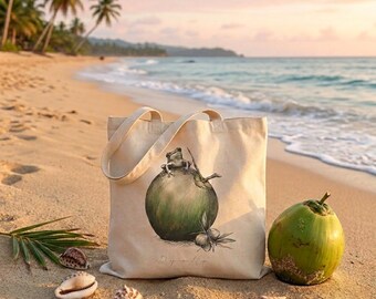 Puerto Rican Coqui Coconut Tote Bag – Hand-Sketched Tropical Nature Illustration