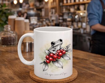 Puerto Rico Coquí Frog Coffee Mug | 11oz Ceramic Cup with Coffee Plant Art