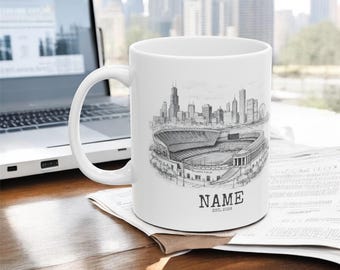 Personalized Chicago Skyline Coffee Mug, Soldier Field, Chicago Flag, Gift