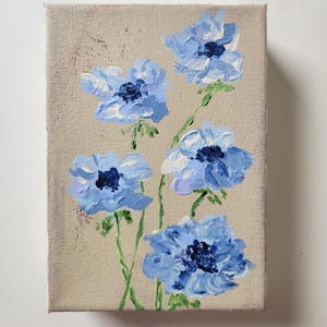 Floral Acrylic Painting: Blue White Flowers, Checkered Border - 5x7 Canvas