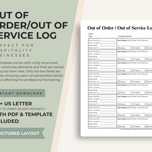 Hotel Wartung Tagebuch | Out of Order Vorlage | PDF Download A4/US Letter