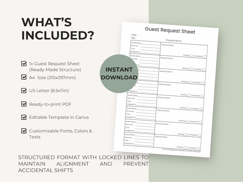 Editable Guest Request Sheet | Hotel Request Form | Front Desk ...