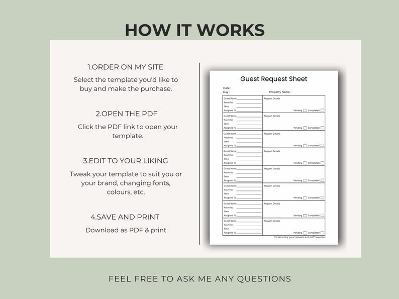 Editable Guest Request Sheet | Hotel Request Form | Front Desk ...
