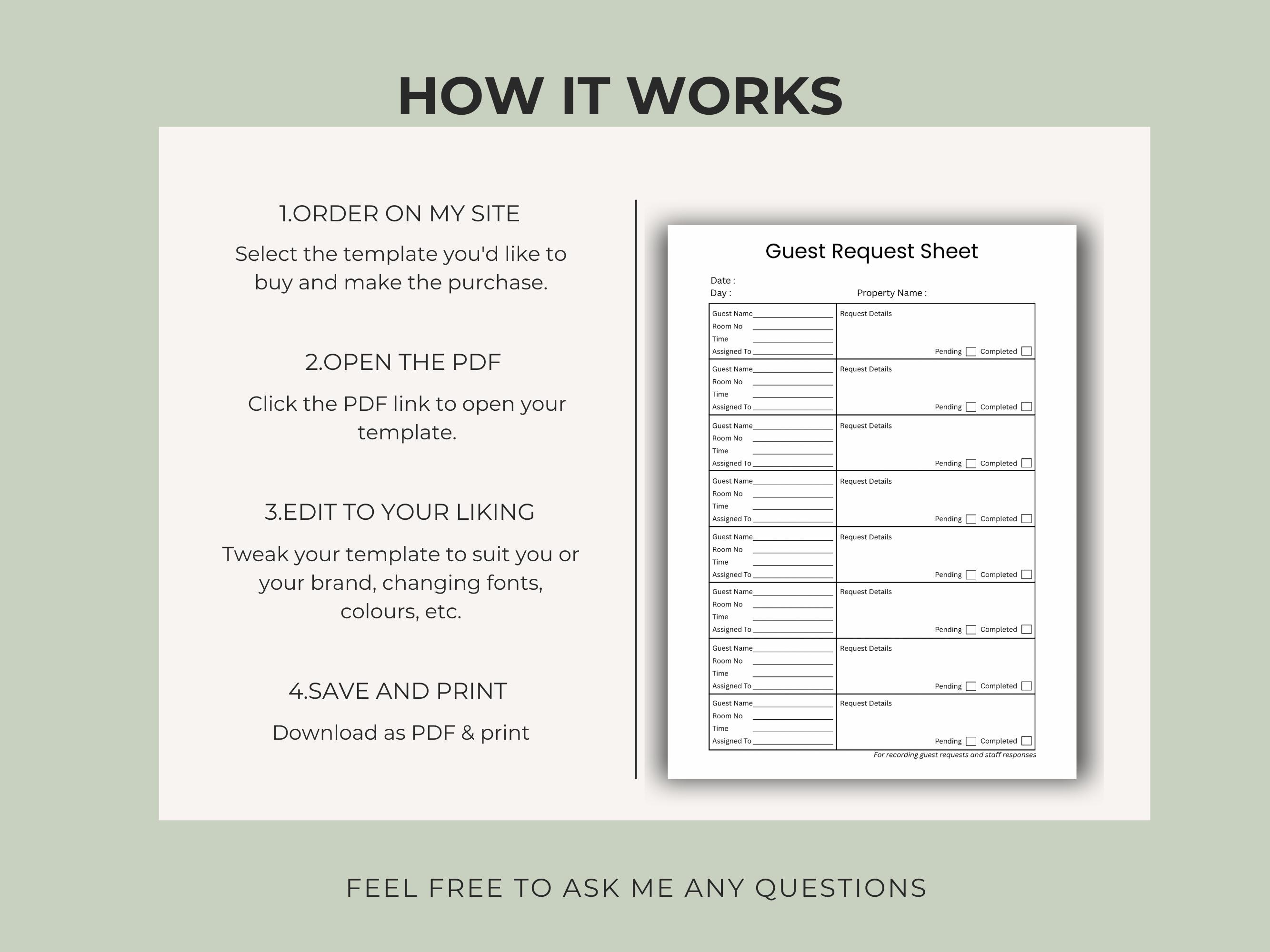 Editable Guest Request Sheet | Hotel Request Form | Front Desk ...