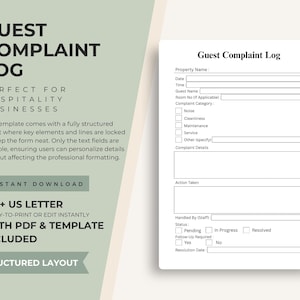 Guest Complaint Log Template | Hospitality Incident Report | Hotel Airbnb Hostel Service Issue Tracker | Printable PDF