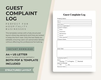 Plantilla de registro de quejas de huéspedes / Informe de incidentes de hotelería / Seguimiento de problemas de servicio en hostales de Airbnb / PDF imprimible