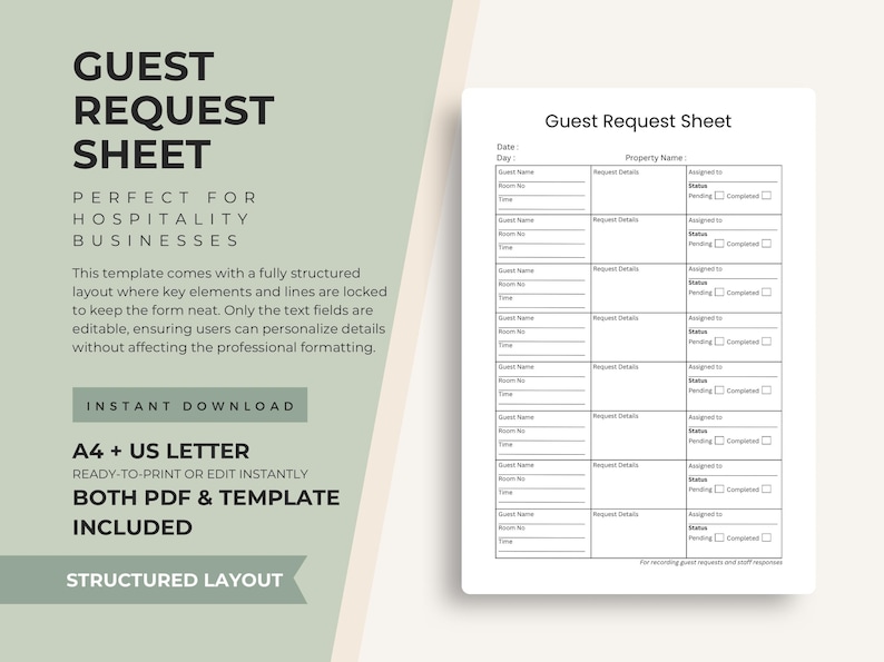 Minimalist Guest Request Sheet | Hotel, Airbnb (editable Canva Template ...