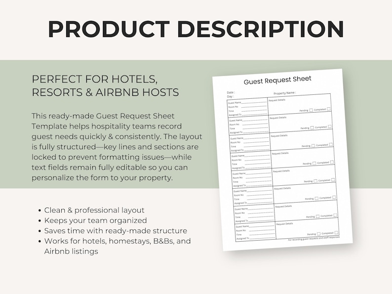 Editable Guest Request Sheet | Hotel Request Form | Front Desk ...