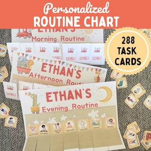 Puede incluir: Un gráfico de rutina personalizado para Ethan, con rutinas de mañana, tarde y noche. El gráfico incluye tarjetas de tareas y está decorado con ilustraciones de un tren, animales y una luna. El texto "288 TASK CARDS" también es visible.