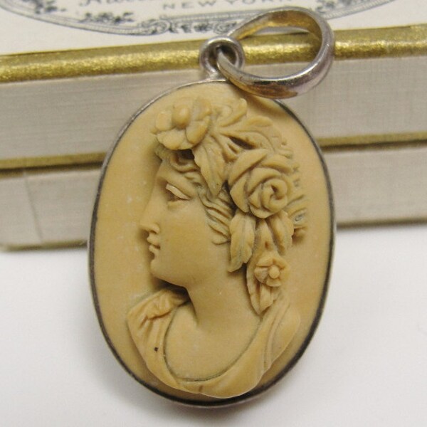 Antique Victorian Lava Cameo Necklace Pendant Sterling Silver Carved Roman Goddess Flora Carved Flowers