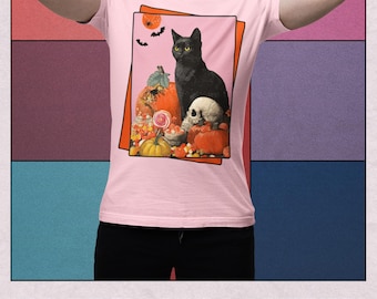 Black Cat Halloween T-shirt, Spooky Retro Pumpkin Art