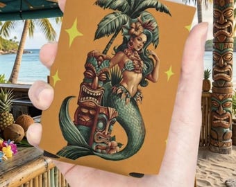 Zeemeermin koelhouder met tiki-totem | Tropisch strand luau retro vintage thema feestcadeau