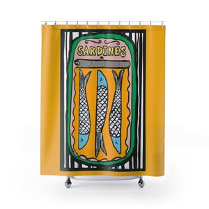 rideau de douche vintage en forme de sardines, décoration de salle de bain nautique, cadeau unique pour les pêcheurs, accessoires de maison côtiers, art marin amusant