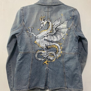 Denim one button Jacket with hand painted Silver Dragon