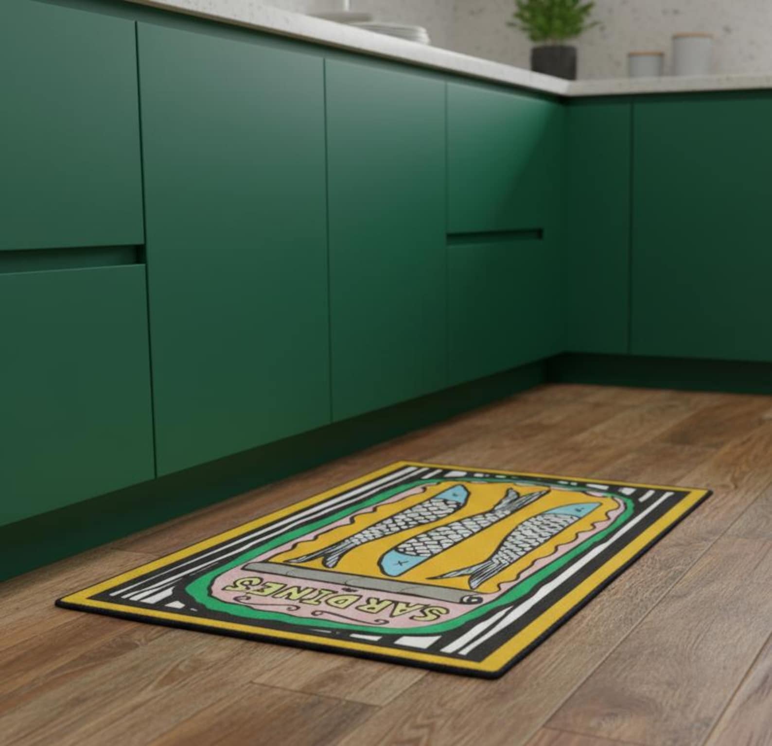 Colorful Sardines Floor Mat, Fun Kitchen Decor, Durable Indoor Rug
