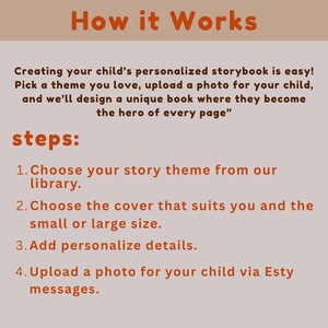 May include: Image with text: "How it Works." Instructions for creating a personalized storybook for children. Steps include choosing a theme, cover size, adding details, and uploading a photo via Etsy messages.