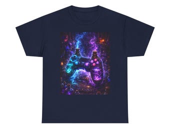 May include: Navy blue t-shirt featuring a vibrant, fantasy-themed graphic. The design showcases a video game controller with glowing blue and purple accents, surrounded by mystical elements. The artwork has a detailed, digital painting style.