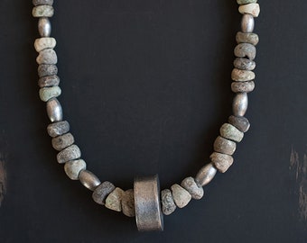 Pre-Columbian Stone Bead and Sterling Silver Neckpiece