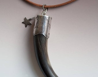 Montana Cow/Bull Horn Tip Necklace Sterling Silver Leather