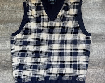 Chaleco de punto a cuadros Polo Ralph Lauren Grandpa Sweater Vest Large Navy Blue Linen Cotton Knit Polo Ralph Lauren Plaid Grandpa Sweater Vest Large Azul marino Linen Cotton Knit