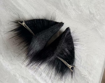 Handmade Black Cat Fox Ears, Small Fluffy Animal Ear Clips, Cosplay Headband (6cm)