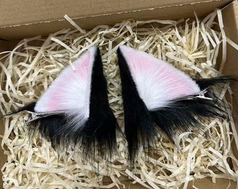 Handmade Black Pink Cat Ears Cosplay Animal Ears Clips, 7cm
