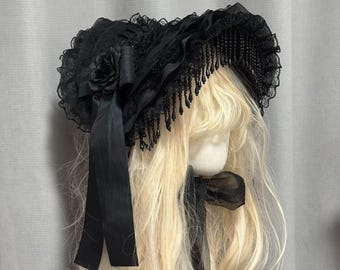 Original Gothic Lolita Widow Hat, Black Lace Pearl Tassel Rose Headpiece