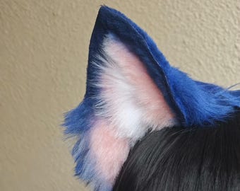 Diadema de orejas de perro azul, rosa y blanca hecha a mano, orejas de animal para cosplay, 10 cm