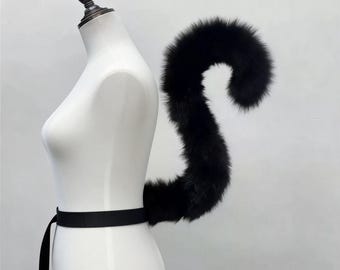 Handgemachter schwarzer Kunstpelz Katzenschwanz, Poseable Cosplay Kostüm, 70 cm