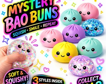 Mystery Bao Bun Squishy in Tin – Sensory Stress Relief Toy, Soft Squishy Fidget, Kawaii Desk Accessory, Pastel Solid Glitter Surprise Gift