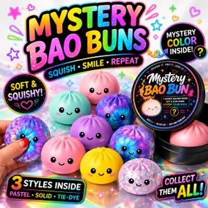 May include: A collection of round, squishy bao bun toys featuring smiling faces in various colors including pink, yellow, teal, purple, and tie-dye patterns. The packaging includes a black circular container and text reading Mystery Bao Buns.