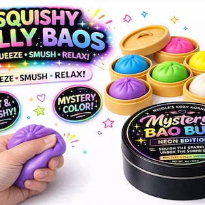 May include: Squishy Jelly Baos in various colors, including blue, green, pink, yellow, purple, and white, are displayed with a black tin that reads "Mystery Bao Bun Neon Edition". The image also shows a hand squeezing a purple bao.