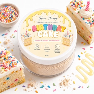May include: A round container of Glow Theory perfumed body powder labelled Birthday Cake. The label features yellow icing graphics, colourful text, and icons for talc free, soft skin finish, and long-lasting scent. The container holds 170 grams of powder.