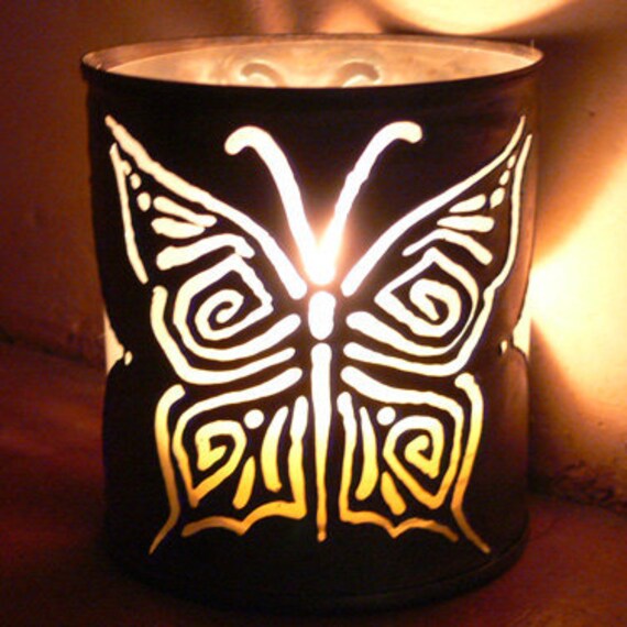 Items similar to Butterfly candle holder Recycled tin can freehand