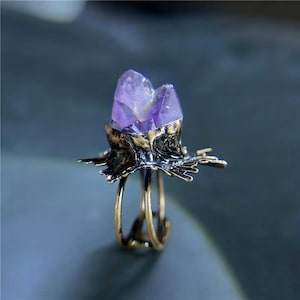 Antique Copper Raw Amethyst Ring, Handmade Adjustable Boho Statement Healing Stone Gift for Mom,Her, Teacher