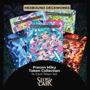 May include: A 14-card token set titled Hexbound Deckworks and Precon Miku Token Collection by Secret Lair. The cards feature vibrant anime-style illustrations of characters including Backup Dancer, Twin Tempo, and Copy with musical motifs.