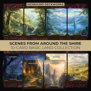 May include: A 10-card basic land collection titled SCENES FROM AROUND THE SHIRE by HEXBOUND DECKWORKS. The cards feature fantasy landscape illustrations including Forests, Islands, Swamps, Mountains, and Plains with detailed natural scenery.
