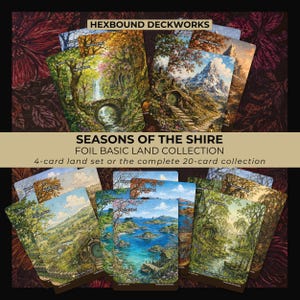 May include: A collection of rectangular trading cards titled Hexbound Deckworks Seasons of the Shire Foil Basic Land Collection. The cards feature detailed landscape illustrations of forests, mountains, plains, islands, and swamps across four seasons.