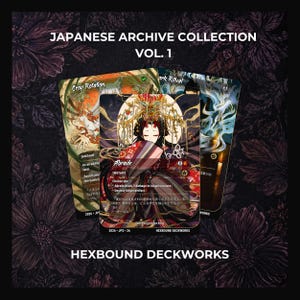 May include: Three rectangular trading cards from the Japanese Archive Collection Vol. 1 by Hexbound Deckworks. The central card features an illustration of a figure in traditional attire with the text Abrade. Flanking cards show Crop Rotation and Dark Ritual.