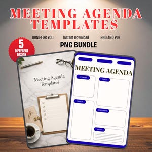 Puede incluir: Imagen de plantillas de agenda de reuniones. La imagen muestra dos plantillas, una con un efecto de mármol y otra con un borde azul. El texto incluye "Meeting Agenda Templates", "5 Different Design" y "PNG Bundle".