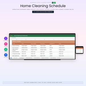 Peut inclure: Un emploi du temps de nettoyage domestique numérique affiché sur une tablette et un smartphone. L'emploi du temps est une feuille de calcul avec des colonnes pour les tâches, les zones et les personnes affectées. Le texte comprend "Home Cleaning Schedule" et "Instant Download".