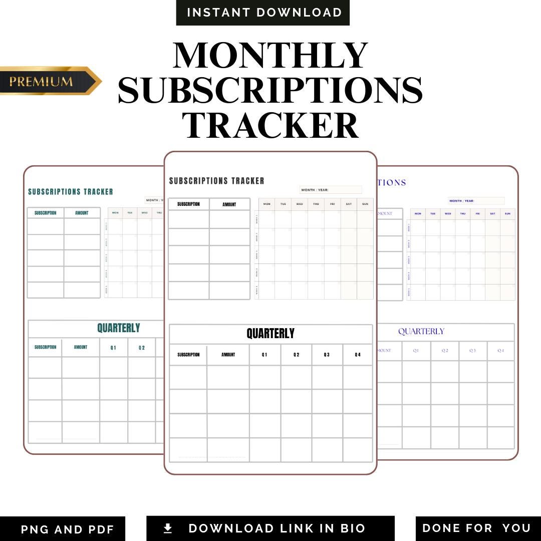 Monthly Subscriptions Tracker PDF PNG Membership Manager Recurring Log ...