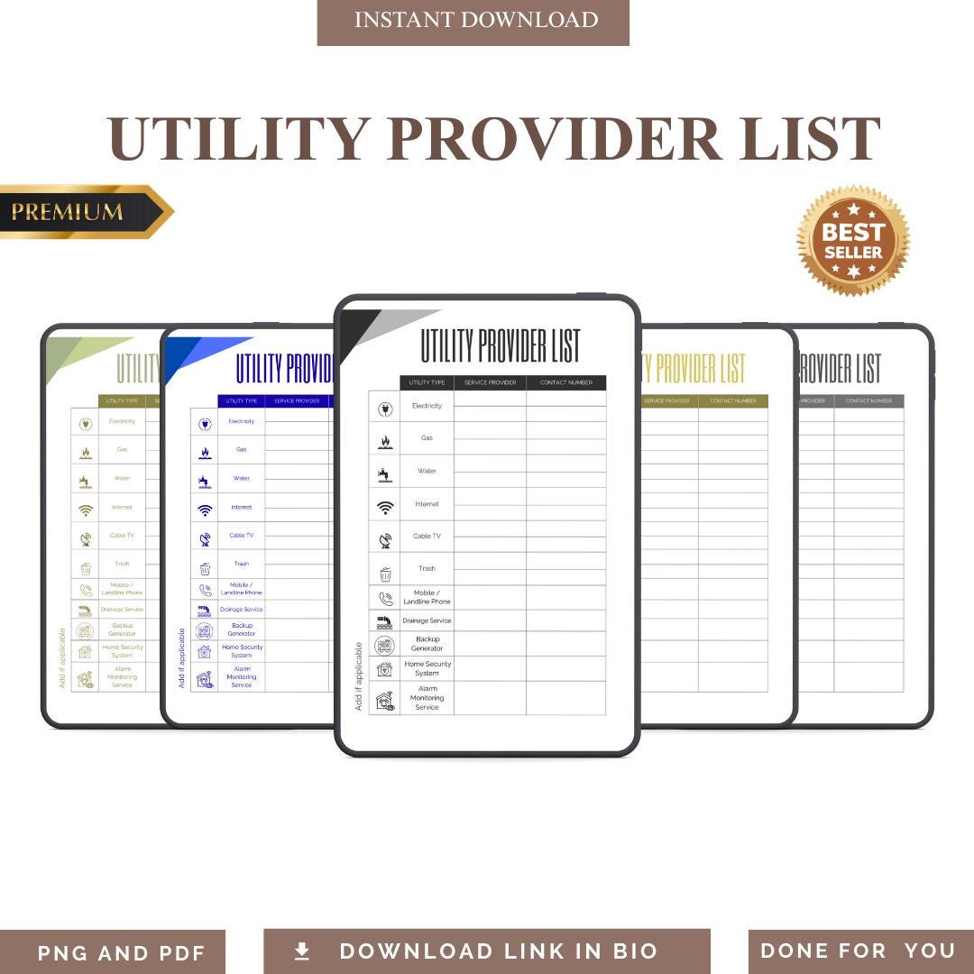 Utilities Checklist Table Utility Provider List PDF PNG Home Utility Tracker Moving Checklist ...