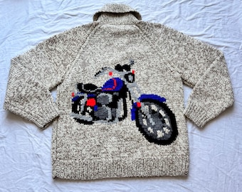 Suéter vintage de lana gruesa estilo Cowichan, tejido a mano para motociclista.