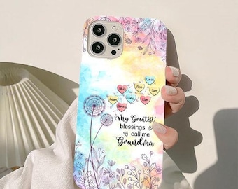 Personalized dandelion phone case—add kids’ names and choose your title (Grandma, Mommy, Nana). A sweet, colorful gift for any phone model.